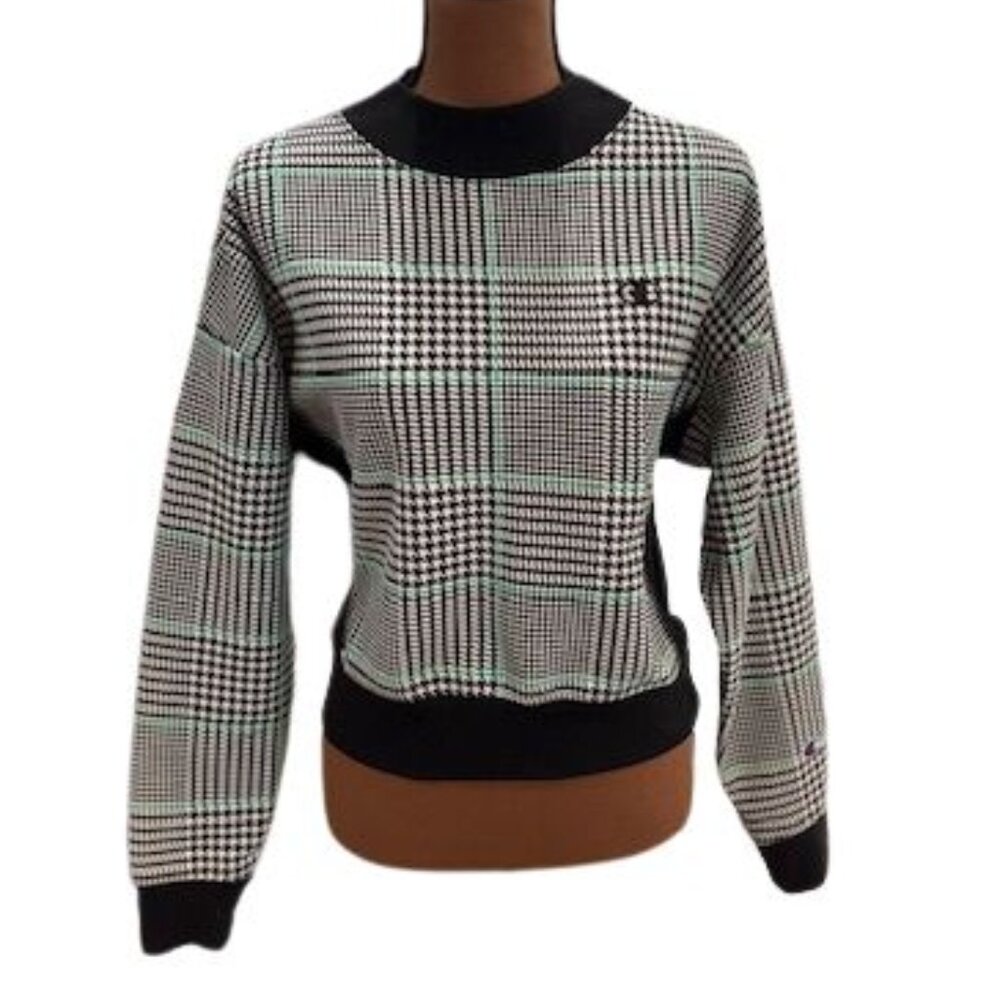 Champion Black and White Crew Neck Sweater with Plaid Design